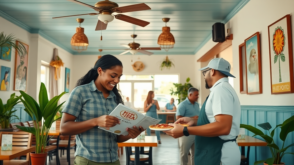 Casual Bermudian eatery with a couple browsing pizza menu, bright with tropical accents, best pizza in Bermuda
