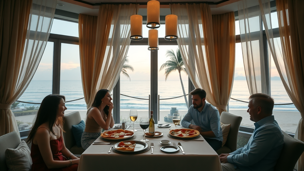 Elegant private dining room with pizza in Bermuda, ocean view, cozy atmosphere among friends sharing gourmet pizza