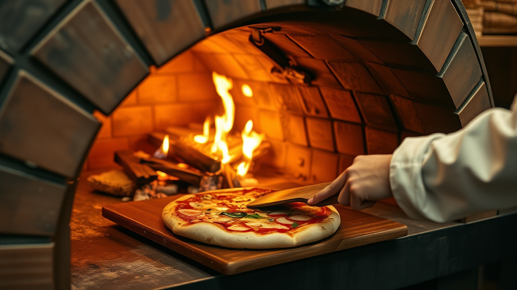 Sul Verde rustic wood fired pizza oven in Bermuda, chef prepares pizza with wood peel, glowing embers, cozy kitchen