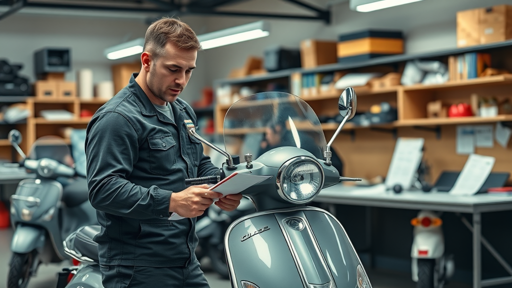 Certified mechanic performing TCD test at a busy motorcycle repair shop.