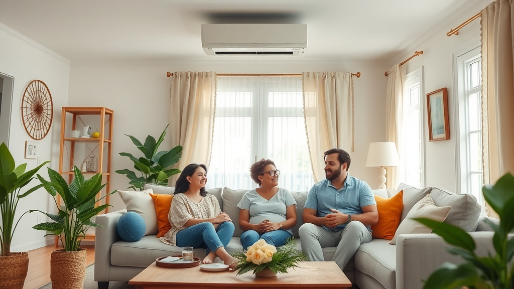 Happy family enjoying cool airflow from efficient HVAC contractor-installed AC