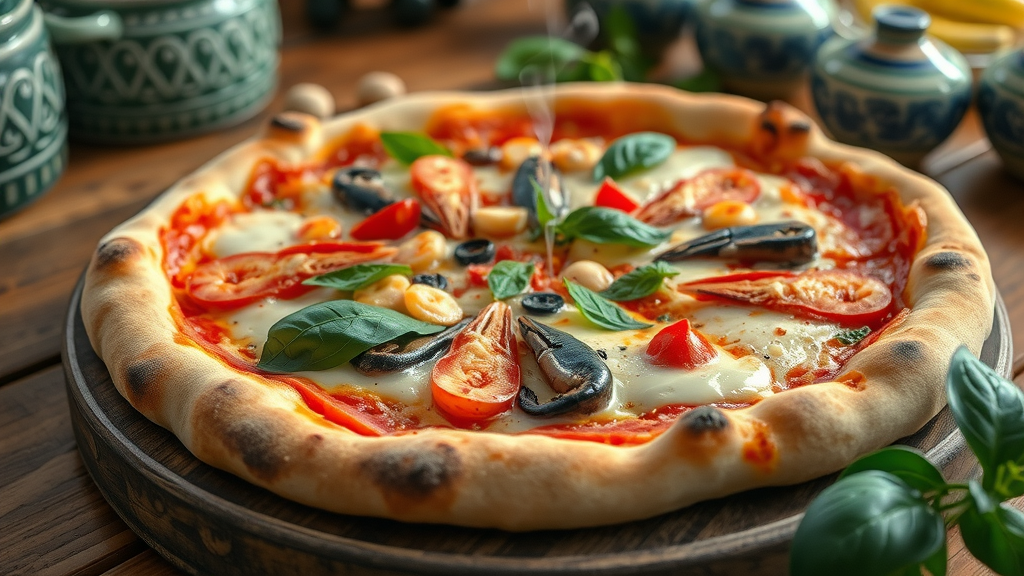 Wood fired pizza in Bermuda with local seafood, Italian cheese melting, rustic wooden table