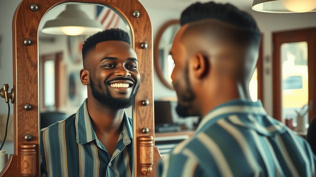 Bermuda barber shop client with sharp haircut smiling at his reflection