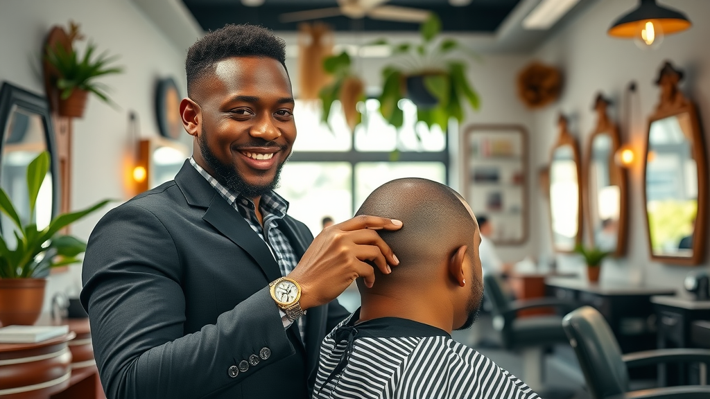 Modern Bermuda barber shop interior with barber grooming client, sharp style vibes