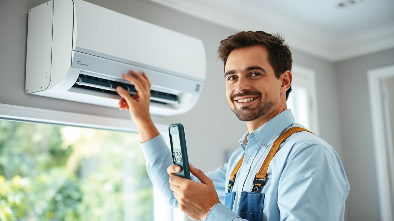 Experienced HVAC contractor inspecting modern air conditioner in Bermuda home