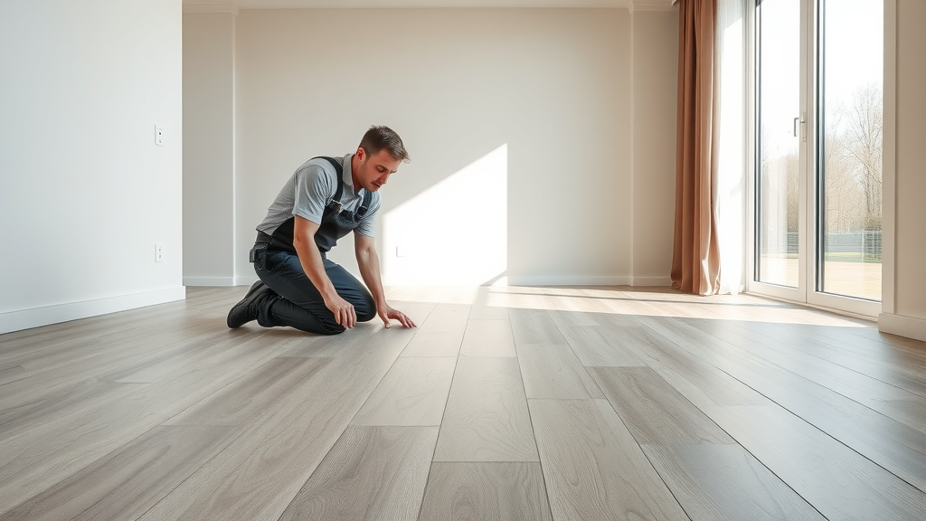 Expert vinyl flooring installation in a bright modern living room.