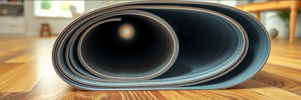 Rolled vinyl flooring sheet on wood floor, close-up for vinyl flooring installation