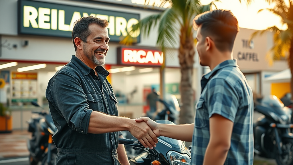 Motorcycle repair shop mechanic greeting customer in front of shop.